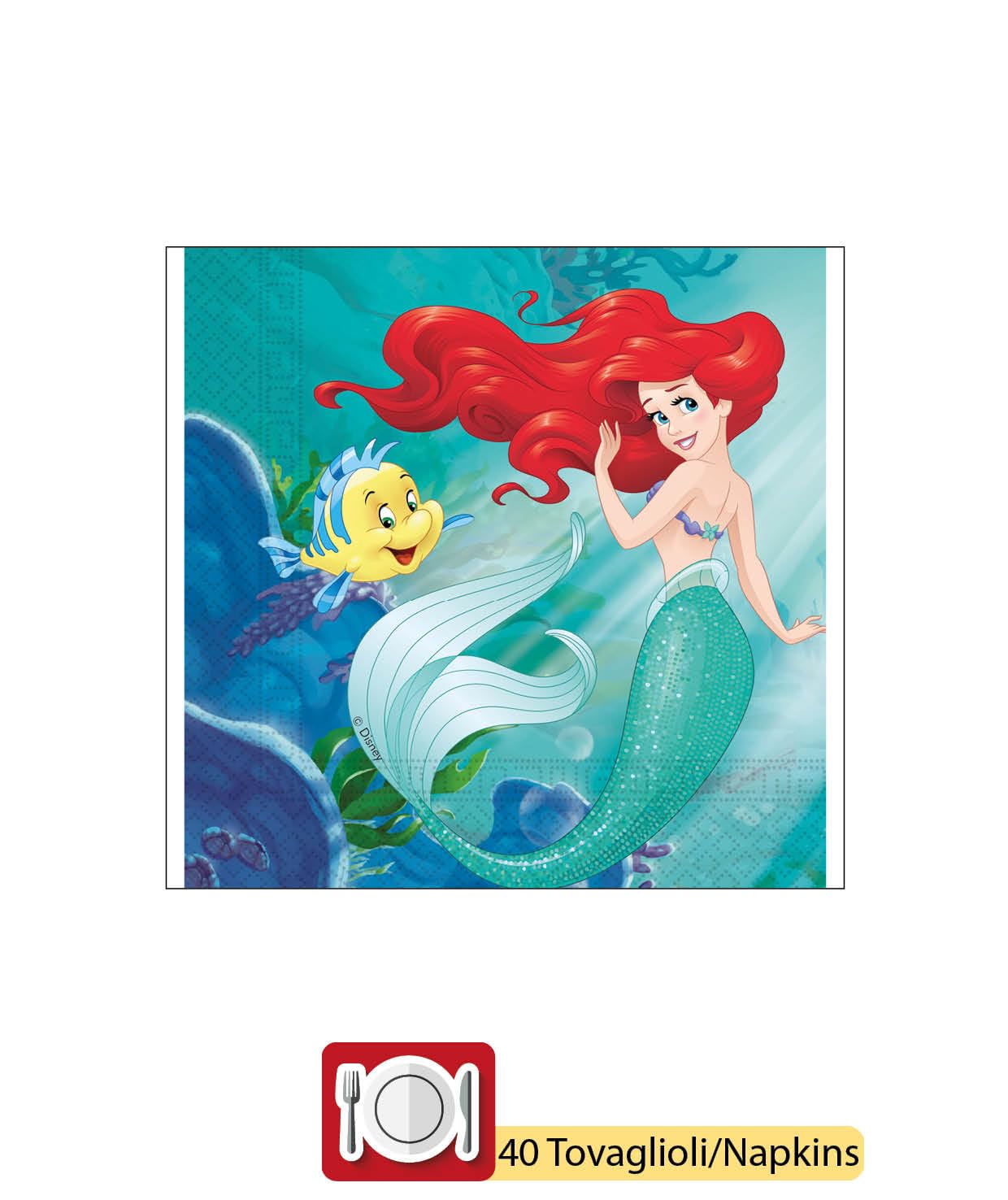 Kit Party Tavola Disney Princess Ariel Little Mermaid la Sirenetta per 24 persone (88 pezzi: 24 piatti Ø23cm, 24 bicchieri 200ml, 40 tovaglioli 33x33cm) in carta FSC compostabile eco-friendly