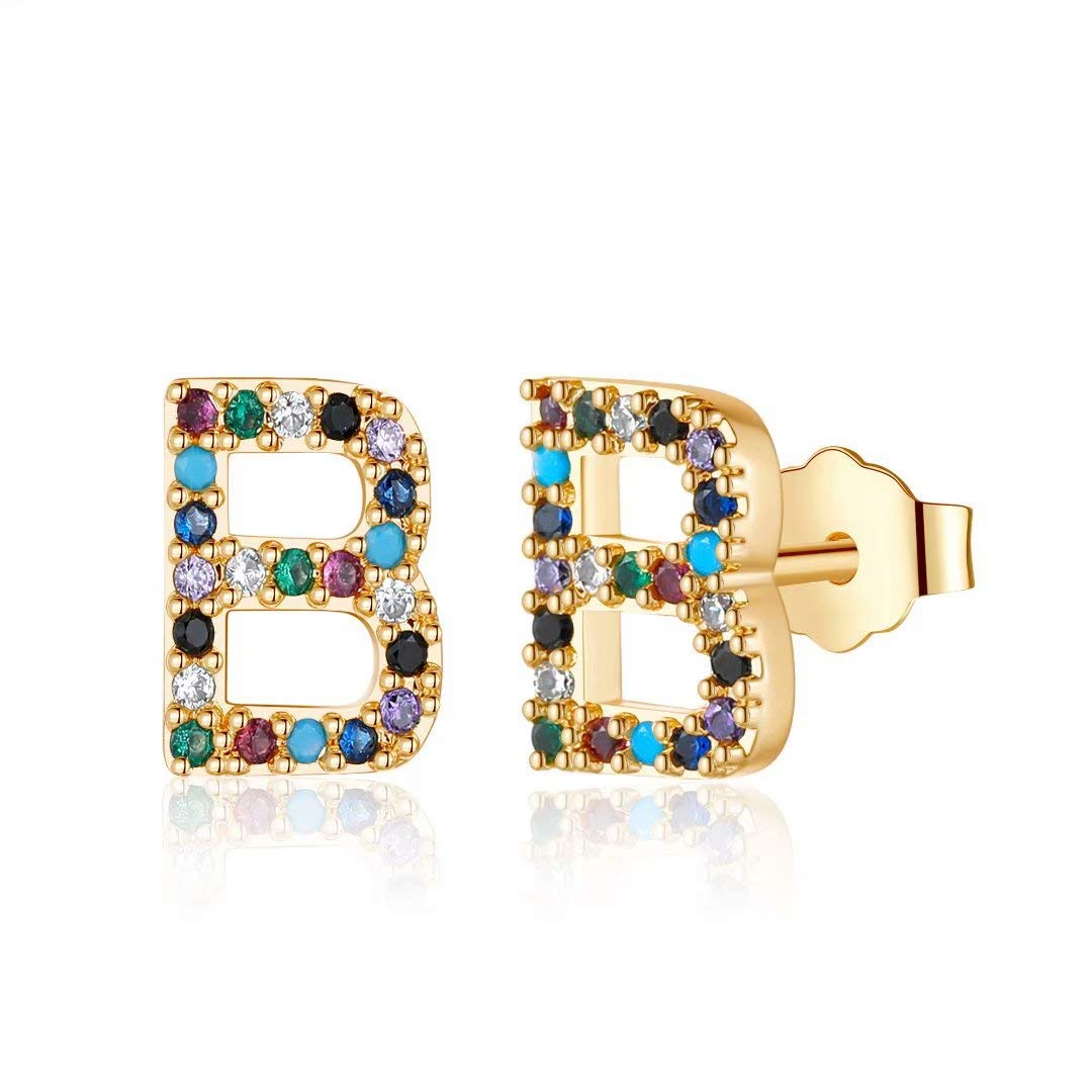 Memorjew Initial Stud Earrings for Women, Hypoallergenic 925 Sterling Silver Post Rainbow Cubic Zirconia 14K-Gold-Plated 26 Initial Earrings for Women