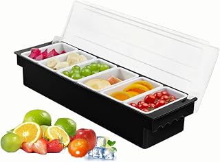 Ice Chilled Condiment Caddy Serving Container with Lid, Fruit Veggie Caddy Removable Compartment Garnish Station Server Organizer for Ice Cream Taco Salad Bar Home Restaurant (6 Compartments)