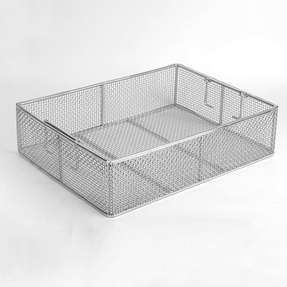 Cesta de esterilización de acero inoxidable, bandeja de instrumentos reutilizable con mango retráctil, ideal para instrumentos médicos, 40 x 20 x 7 cm