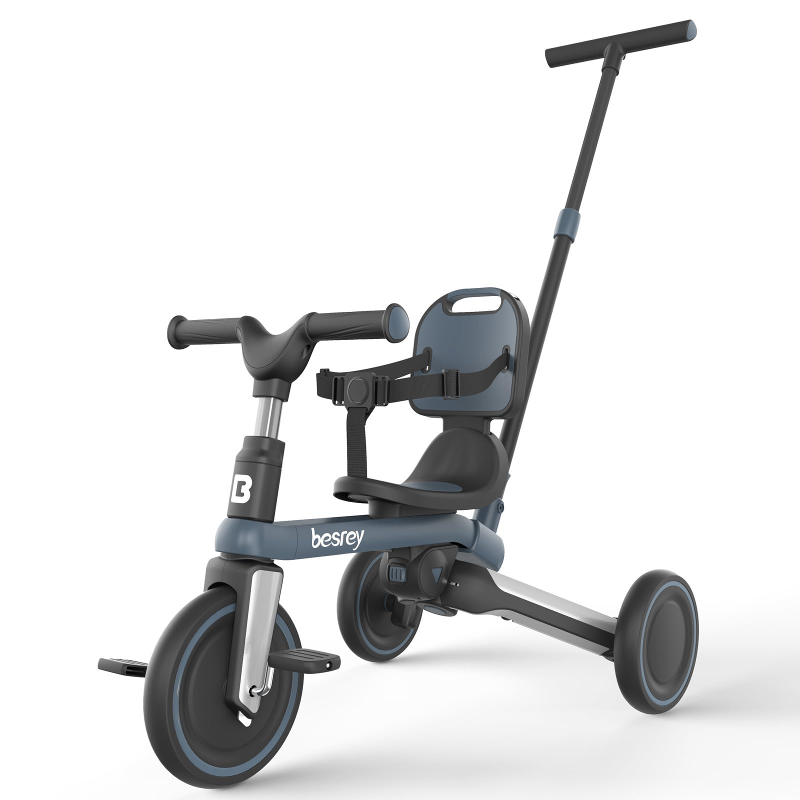 besreyToddler Bike with Parent Steering Push Handle for 1-3 Years Old Girls and Boys, Foldable Kids Push Trike, Toddler Tricycle with Removable Pedals, Height Adjustable Seat (Dark Grey)