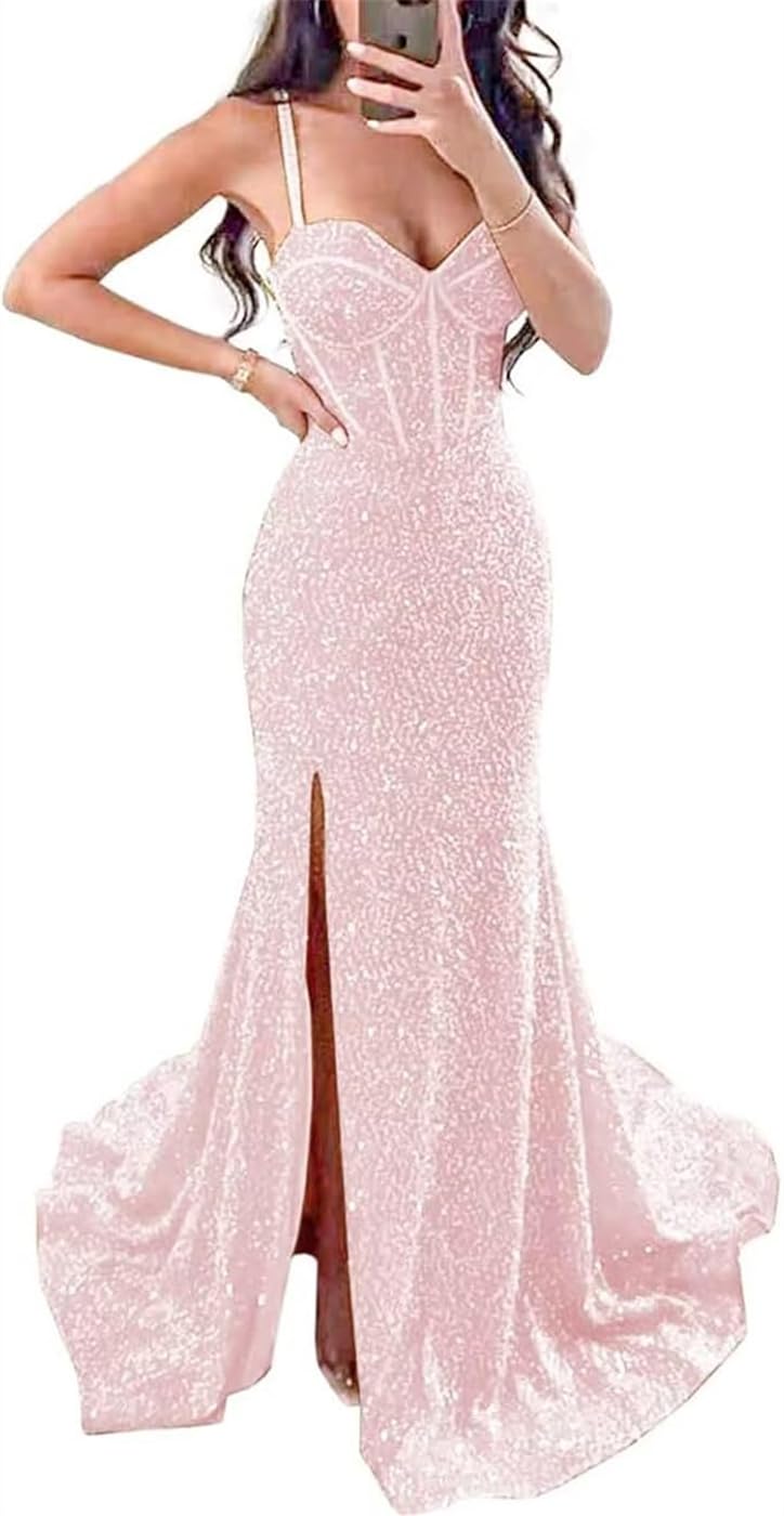 Hppee Women's Blush Pink Sequin Prom Dresses With Slit 2024 Spaghetti Strap Mermaid Formal Dress Evening Ball Gown Uk8