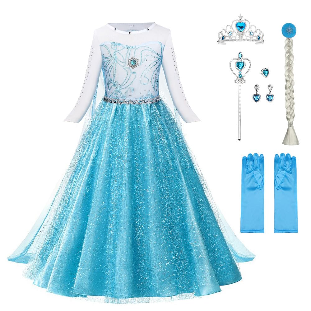 URAQT Costume di Elsa, Set da Principessa Elsa Corona Bacchetta Guanti Treccia, Costume di Cosplay Party Halloween Costume Abito delle Ragazze di Natale Vestito Fantasia (Verde Chiaro-150)