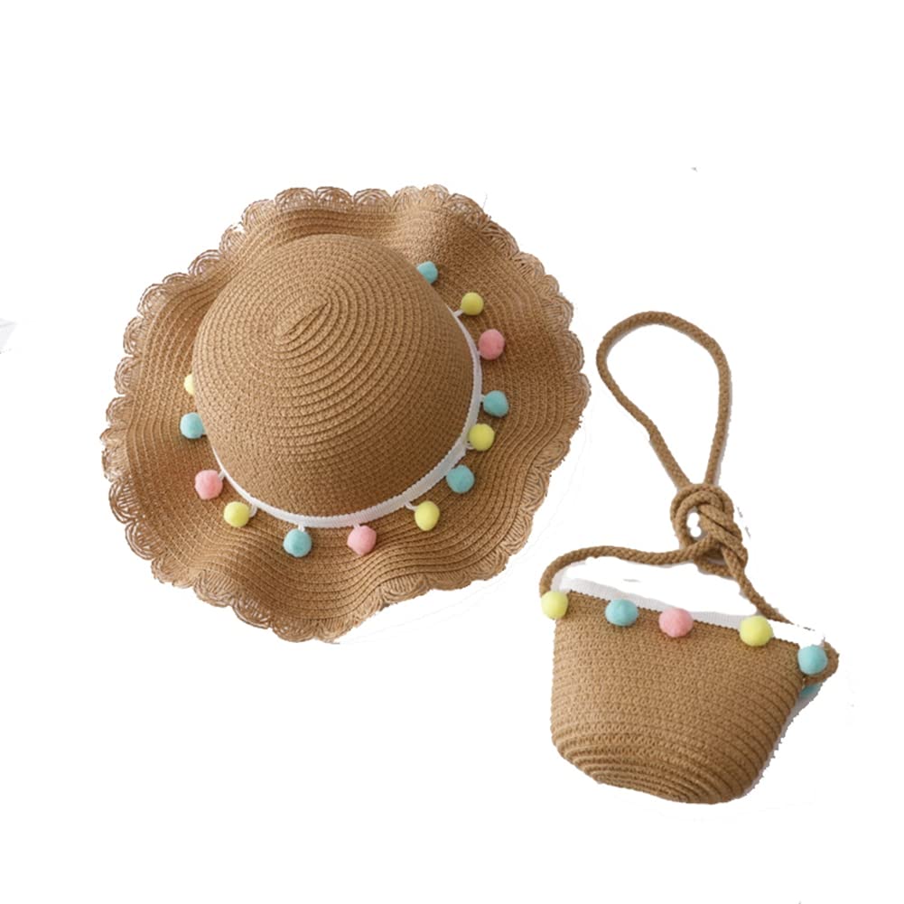 Yurosiay Sombrero de paja para niños Set de verano niña sombrero de sol con bolsa de paja grande ala sombrero de playa colorido decoración de pompón sombrero de paja niña princesa sombrero para viajes al aire libre vacaciones playa
