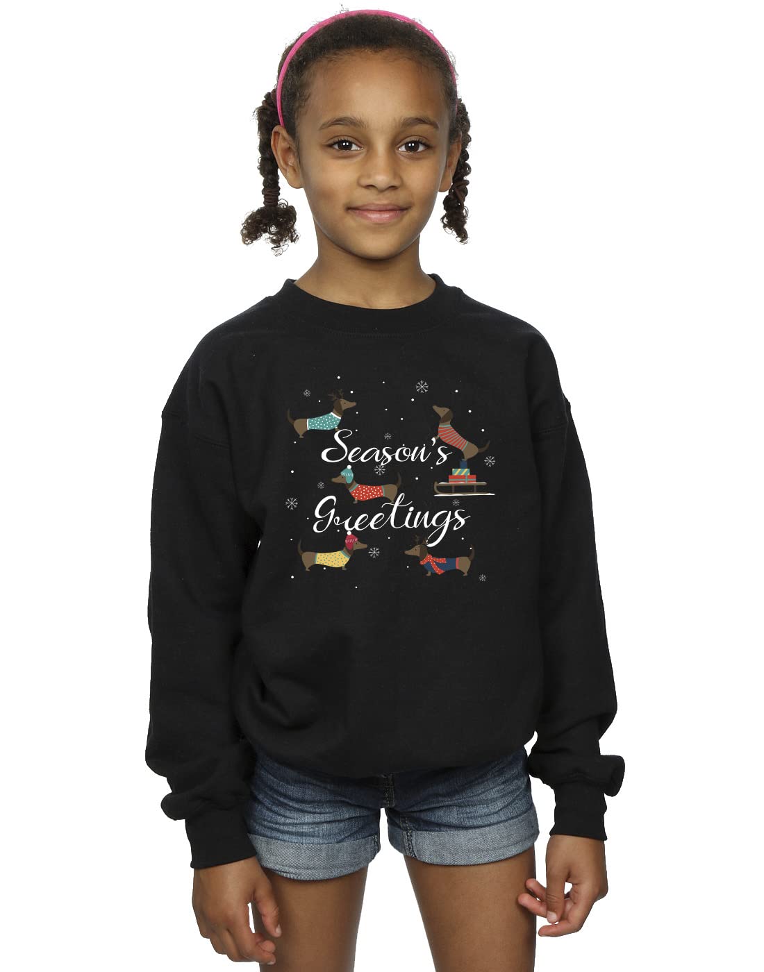 Absolute Cult Girls Black Christmas Pets Christmas Sausage Dog Seasons Greetings Sweatshirt 12-13 Years