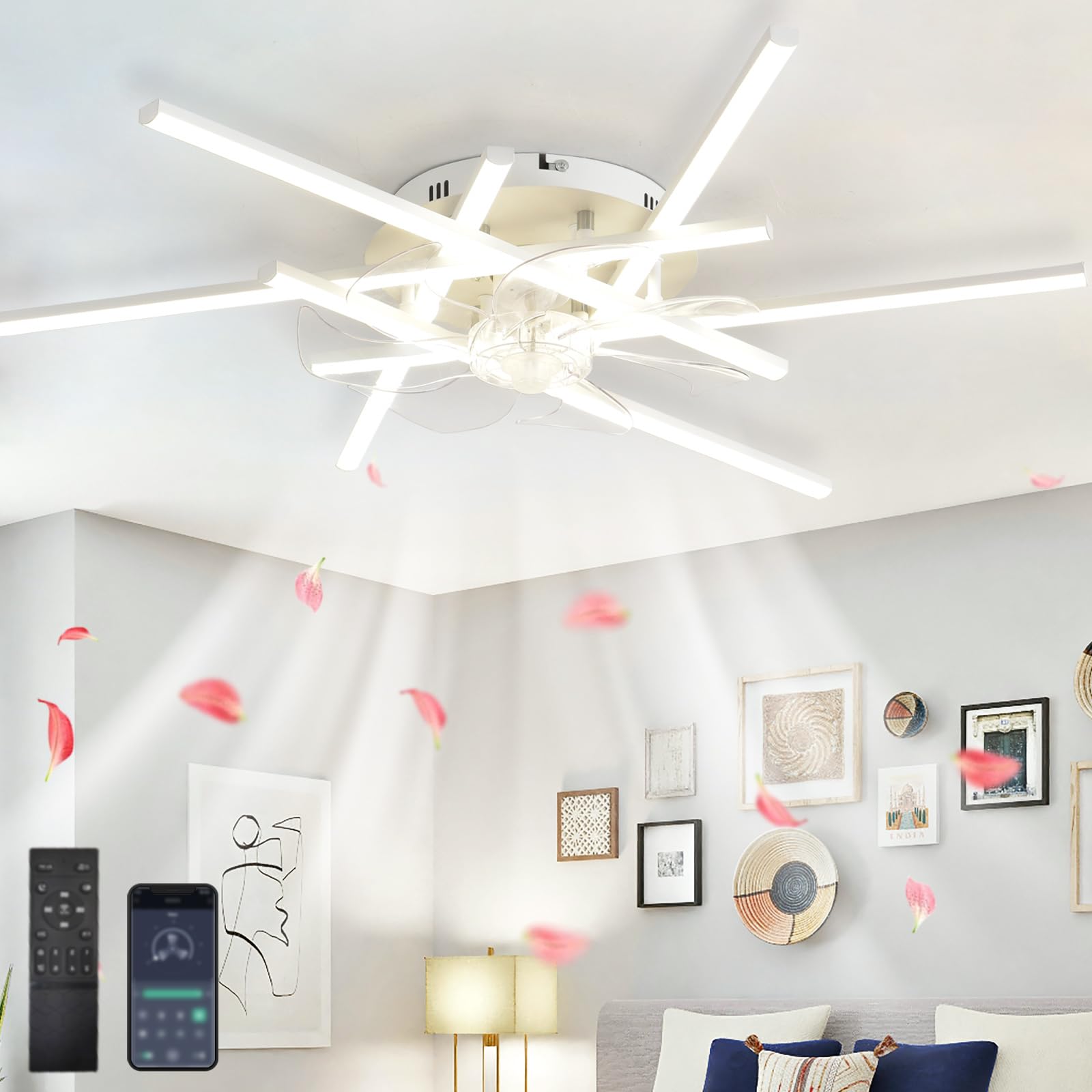 HXYSXHJUO Large Ceiling Fans with Lights and Remote Silent White, Modern Lamps for Bedrooms Living Room Loung, Fan Light Reversible 6 Speeds Timer Dimmable-32Inch