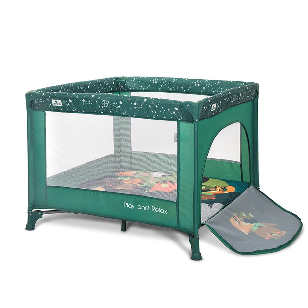Lorelli Baby Laufstall, Playpen Play and Relax, Weicher Faltboden, kleiner Laufgitter 100x100 cm, Absperrgitter mit atmungsaktivem Netz und Reißverschlusstür, faltbarer Krabbelgitter, Grün