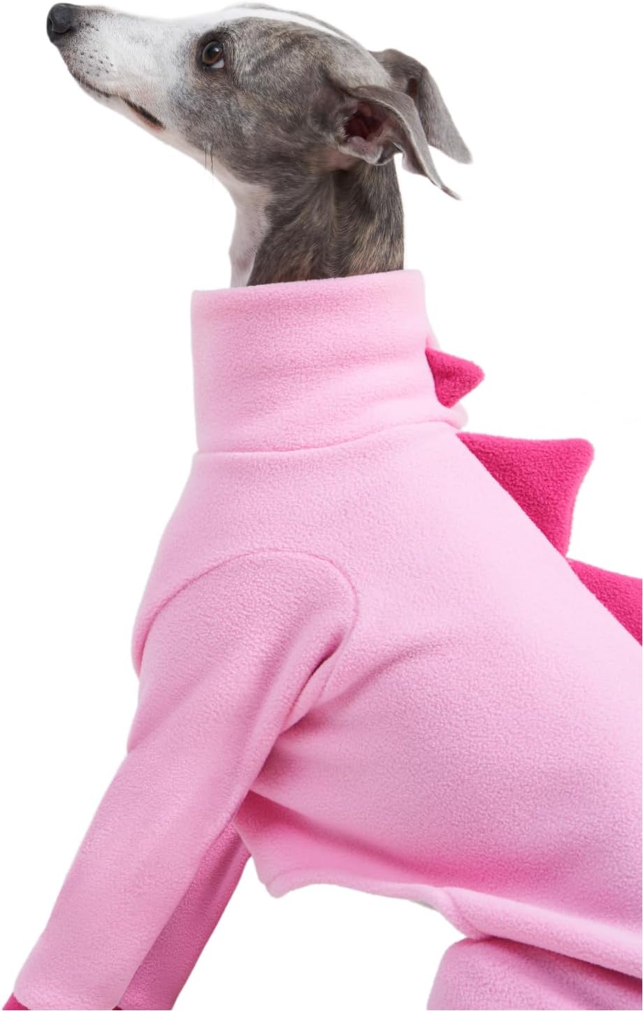Italian Greyhound & Whippet Dog Fleece Dinosaur Onesie, Cozy Turtleneck Costume Outfit (Pink, Large)
