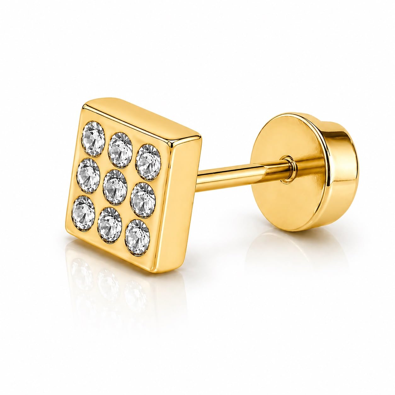 Golden Color Sparkling & Anti-Tarnish Single Stud Square Cubiz s Screw Back Zircon Stainless Steel-image-30