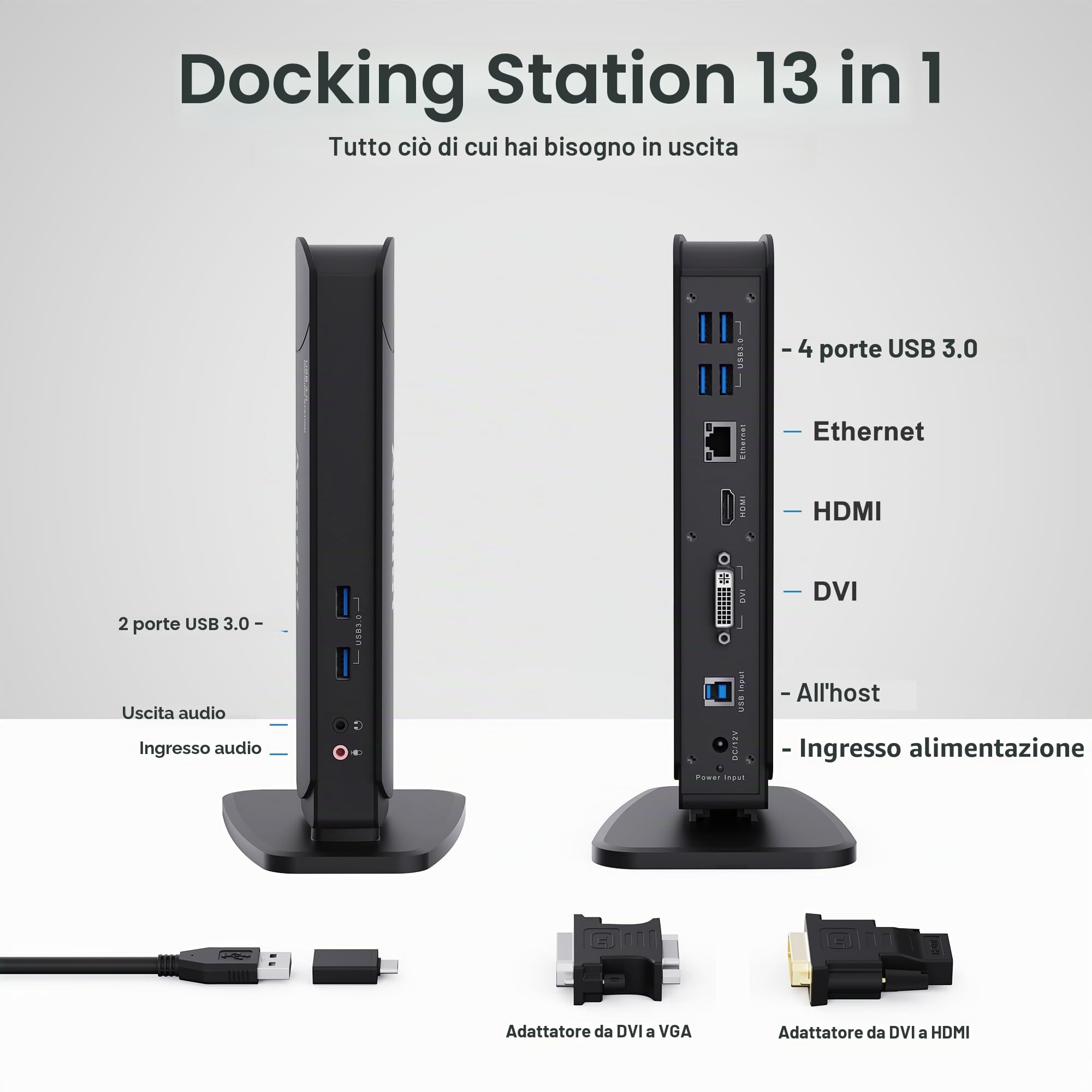 Acodot Docking station USB 3.0 13 in 1 per Windows, doppio monitor HDMI/DVI/VGA, 6 x USB 3.0, Gigabit Ethernet, ingresso/uscita audio, display singolo 1440p o doppio display 1080p, adattatori