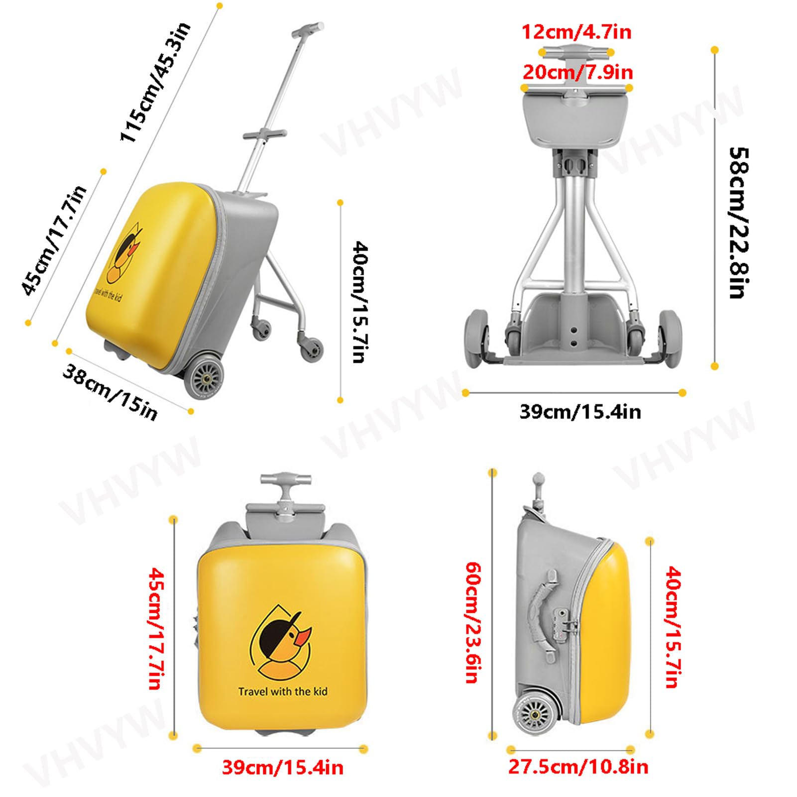Valigia da viaggio per bambini, 50,8 cm, pieghevole e rimovibile, espandibile, con seggiolino per bambini, passeggino leggero 2 in 1 e set valigia con guardrail, Giallo, Tempo libero Viaggi