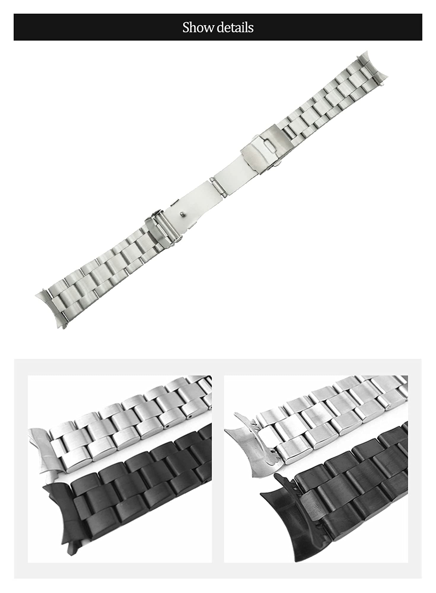 Bracelet de montre incurvé en acier inoxydable de 20 mm et 22 mm - Pour homme et femme - Double fermoir - Boucle de rechange
