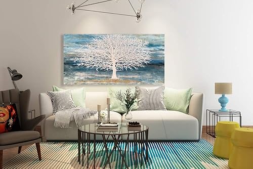 Miniatura 3 de RICHSPACE ARTS Lienzo moderno con diseño de árbol para la pared, imágenes de color verde azulado y blanco, gran decoración abstracta, pintura al