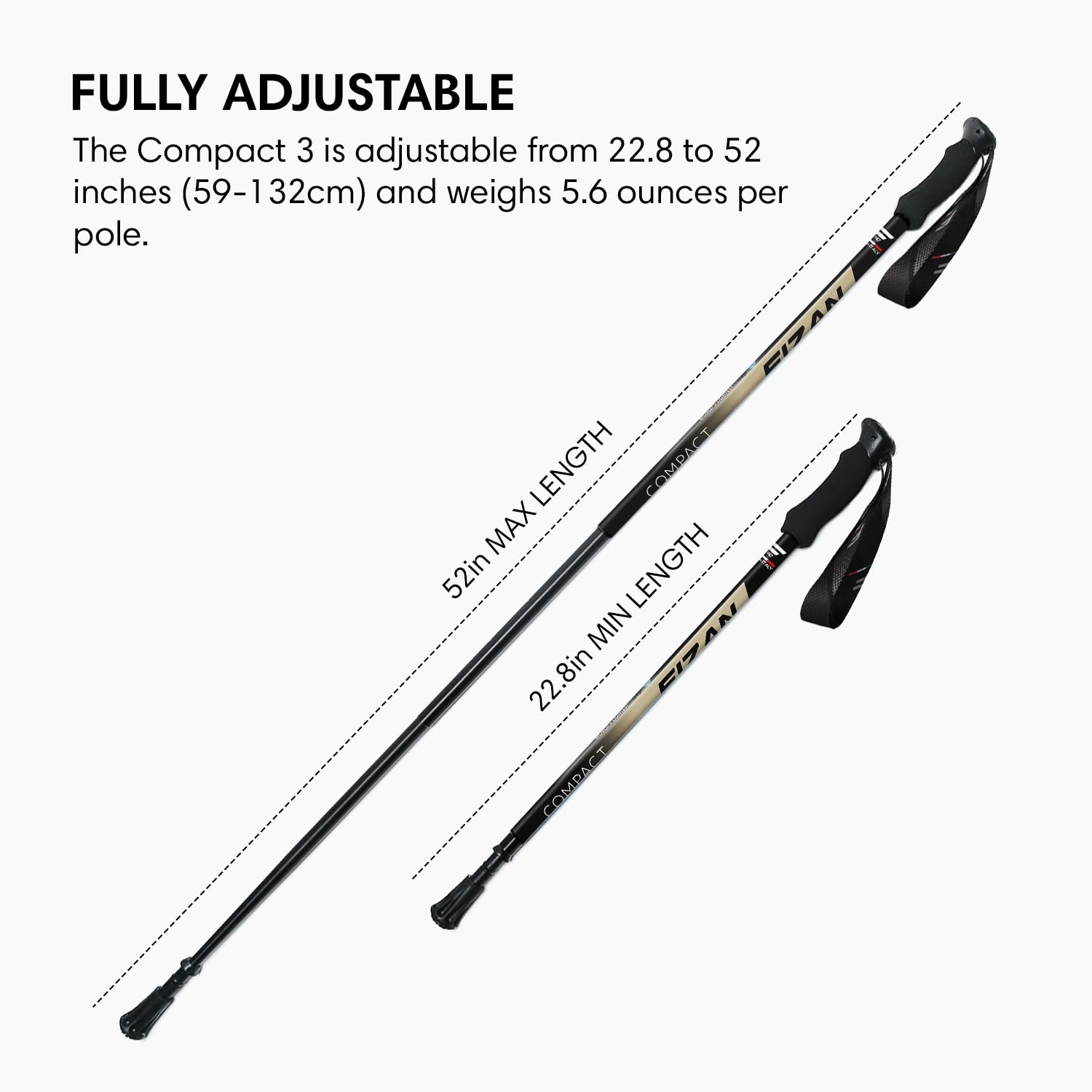 Fizan 3 bastoncini da trekking compatti – 158,8 g Ultralight, Backpacking, Thru Bastoni da trekking, regolabili, pieghevoli, vestibilità personalizzata, impugnature EVA, bastoncini da passeggio in