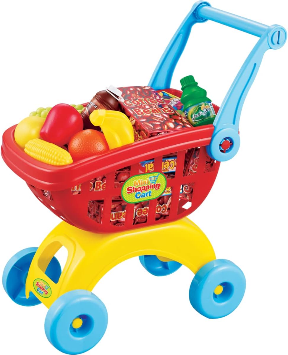 Mini Carrito de Compras Juguete con Juego de Comida 18 Piezas Rojo