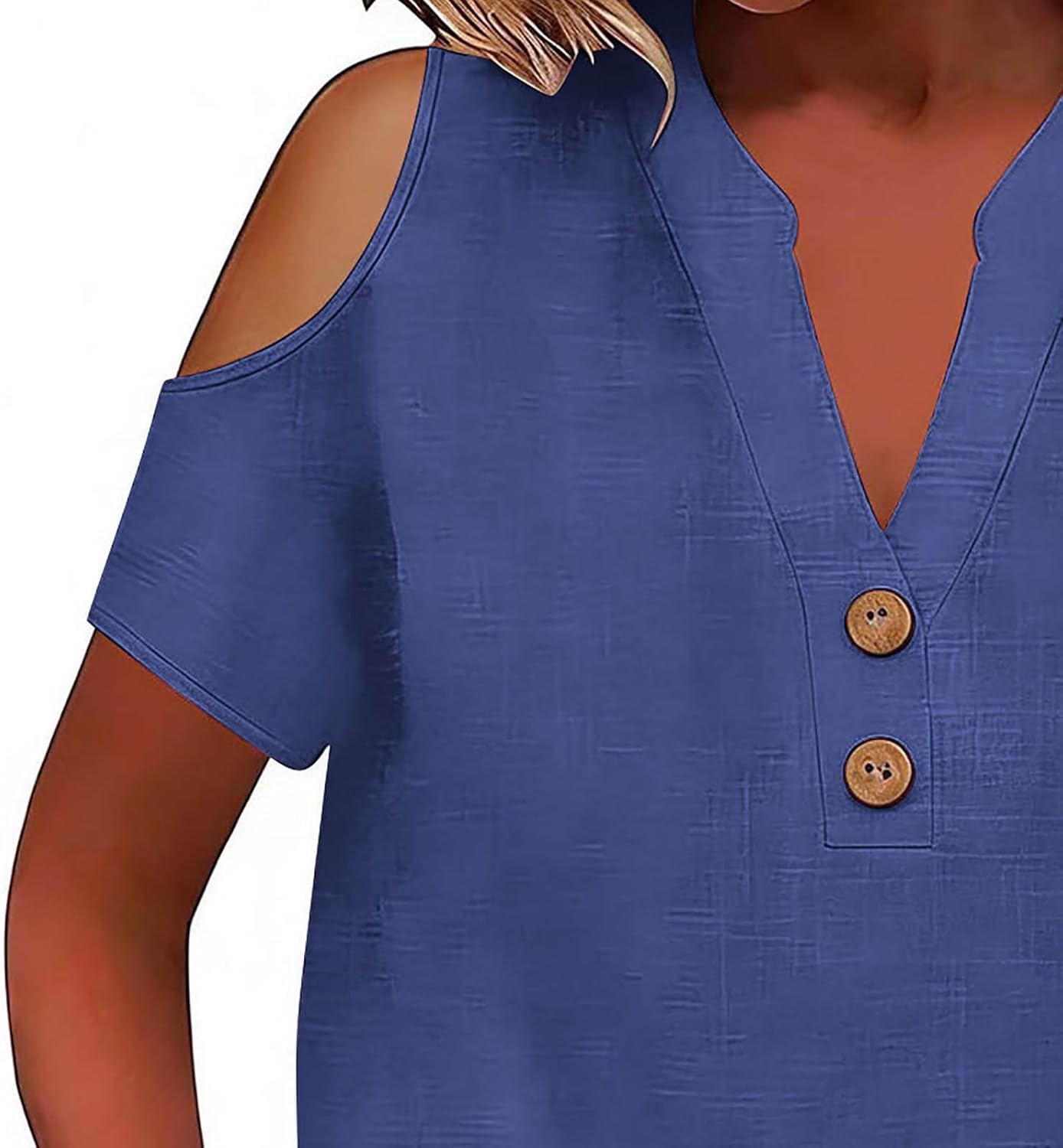 Women Cold Shoulder Cotton Linen Shirts Short Sleeve V Neck Button up Henley Tops Summer Beach Vacation Blouse