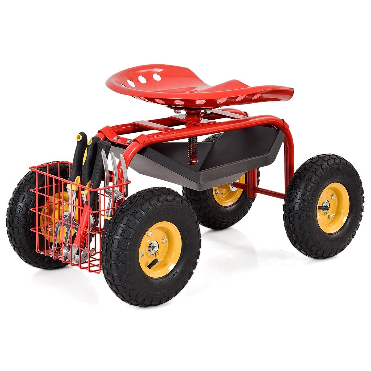 SOARS Siège Roulant de Jardin Pivotant à 360° et Réglable en Hauteur de 46 à 53 CM, Tabouret de Jardinage avec Étagère et Panier, Charge Maximale 150 KG, pour Jardinage et Entretien (Rouge)