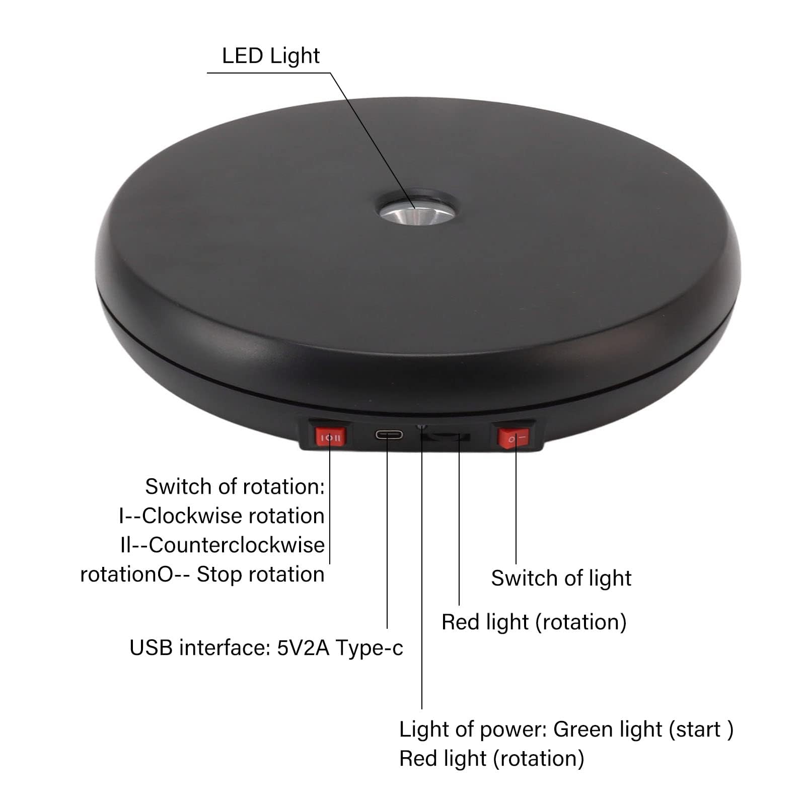 Ejoyous Gramofon Elektryczny, 20KG 25CM Gramofon Elektryczny Obrotowy Wyświetlacz o 360 Stopni z Cichym światłem LED do Zastawy Stołowej, Biżuterii, Kosmetyków, Telefonów Komórkowych (BLACK)