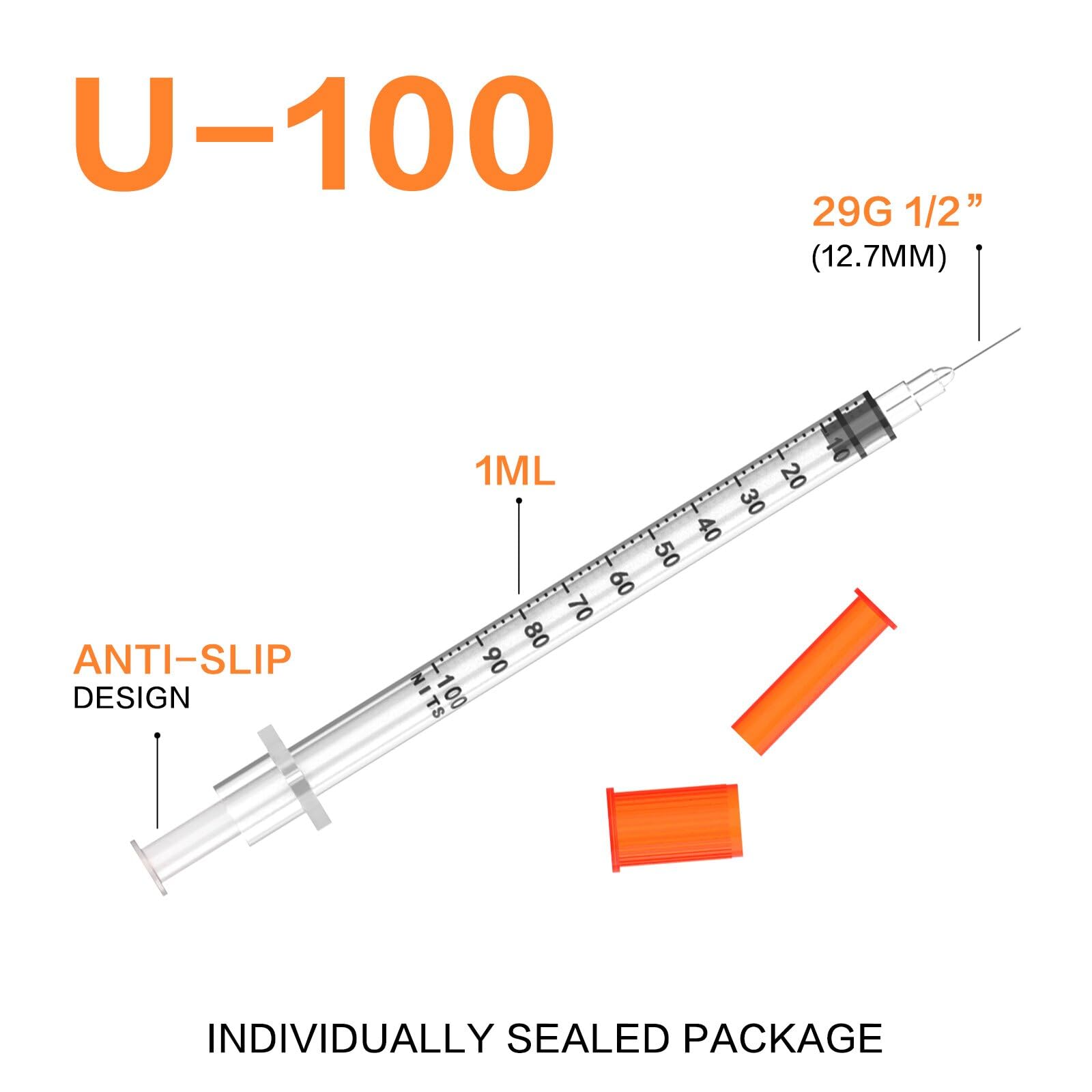 U-100 Syringes with Needle 1ml/cc 29G 1/2'' Disposable Syringe, Individual Wrapped, 100 PACK — Amazon image 4