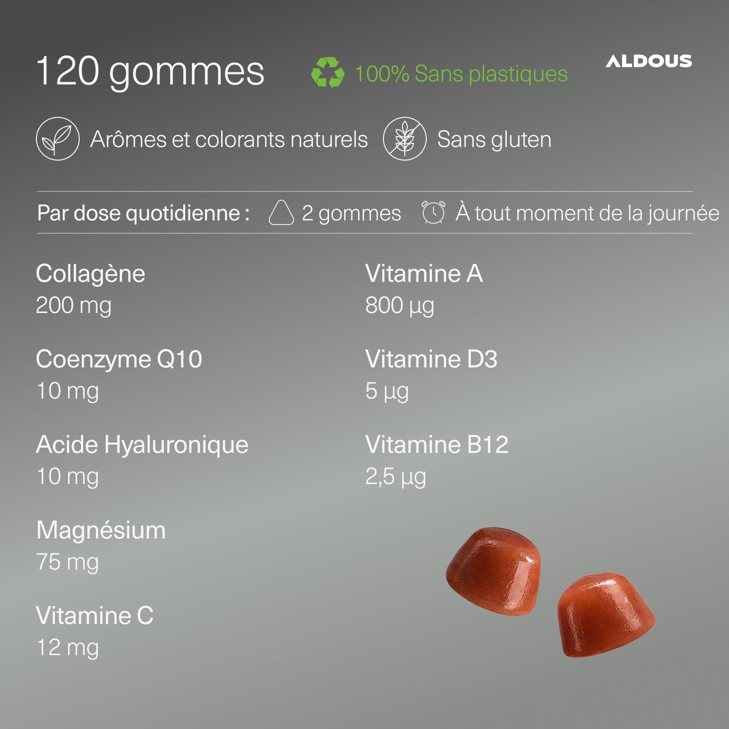 Collagène avec magnésium et acide hyaluronique - 120 gommes - Avec Q10 et Vitamines C, B12, D3, A - Collagène hydrolysé - Articulations solides, peau lisse et de l'énergie - Aldous Collagene