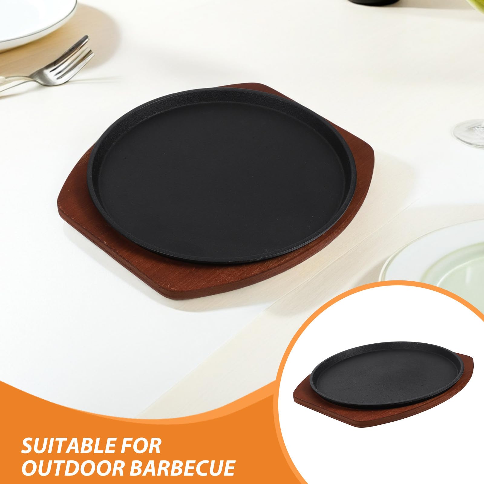 Veemoon Set di piatti per fajitas in ghisa, padella per fajitas con vassoio in legno, padella in ghisa antiscottatura da 27 cm per barbecue in casa, cucina, feste, ristorante, servizio di catering