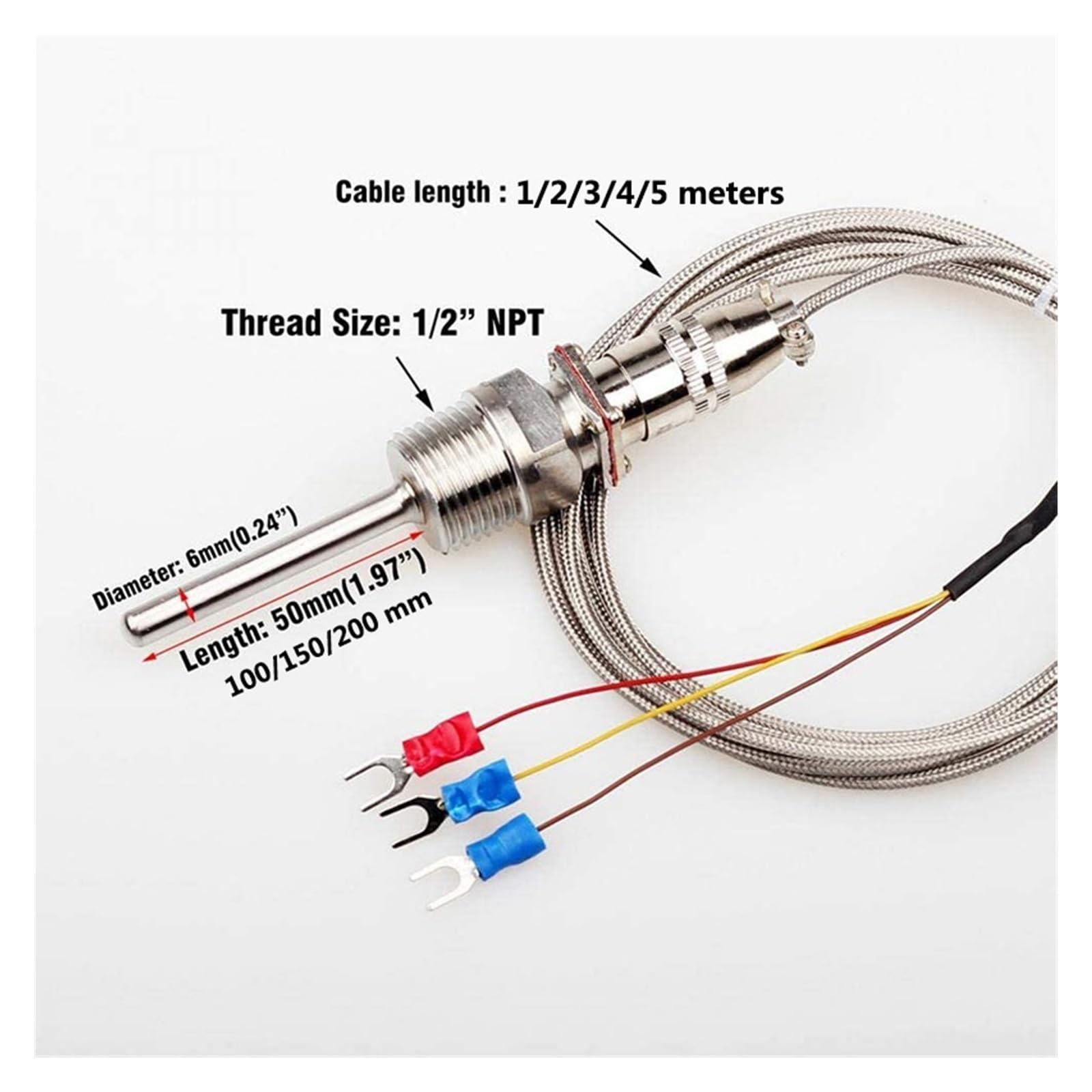 Czujnik temperatury RTD PT100 Sonda 50~200 mm Gwinty 1/2" NPT z kablem 1~5 m -58°F-572oF Wodoodporny i olejoodporny