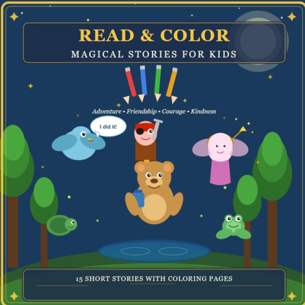 "Stories & Colors: 15 Magical Tales for Kids to Read and Color": read and color activity book children