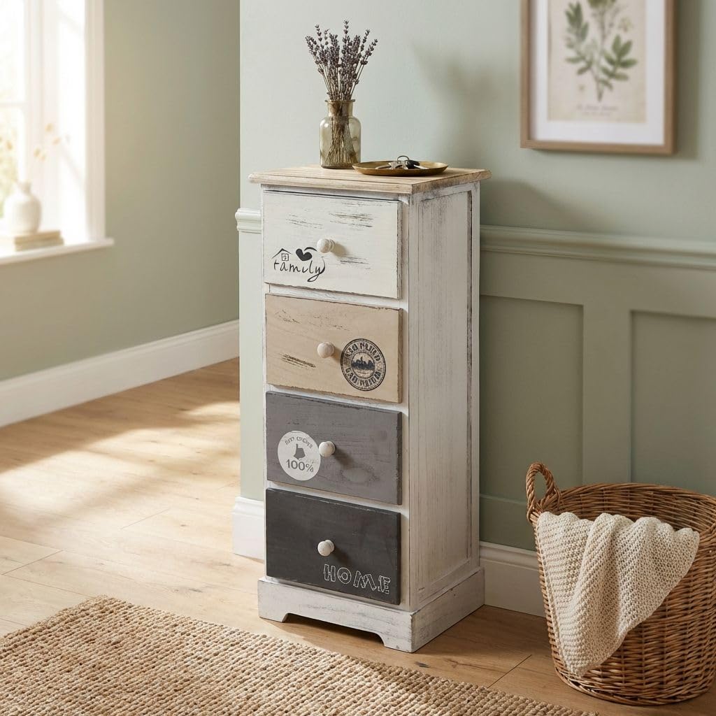 milani home - mobiletto in legno 4 cassetti, grigio chiaro, stile shabby chic, 29 x 25 x 72 cm