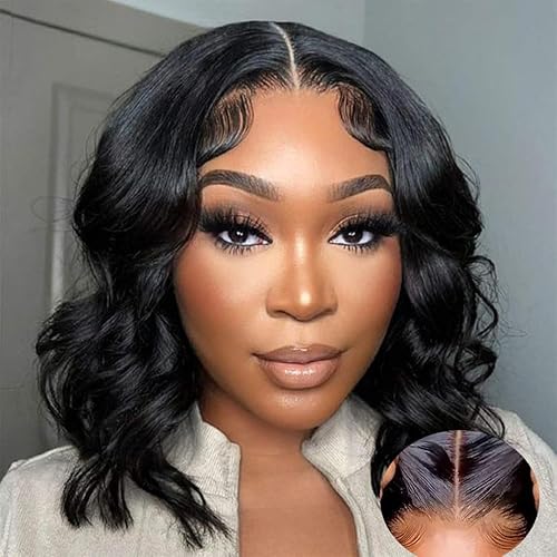Ahaisy Wear and Go Glueless Bob Wigs for Black Women Human Hair Pre Plucked Pre Cut Body Wave Lace Front Wigs Human Hair for Beginners Upgraded No Glue 4x4 Lace Closure Wigs (10 Inch)