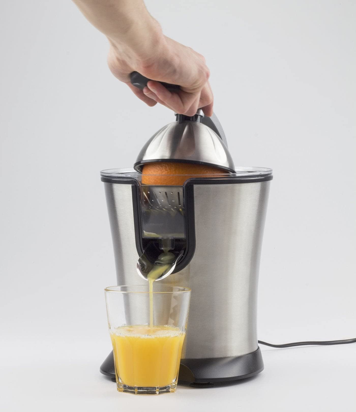 CASO CP 200 - Design Zitruspresse, elektrische und kraftvolle Zitronenpresse mit Universal-Presskegel f. alle gängigen Zitrusfrüchte, 160 Watt, Tropf-Stopp, Edelstahlsiebeinsatz, Hebel-Pressarm