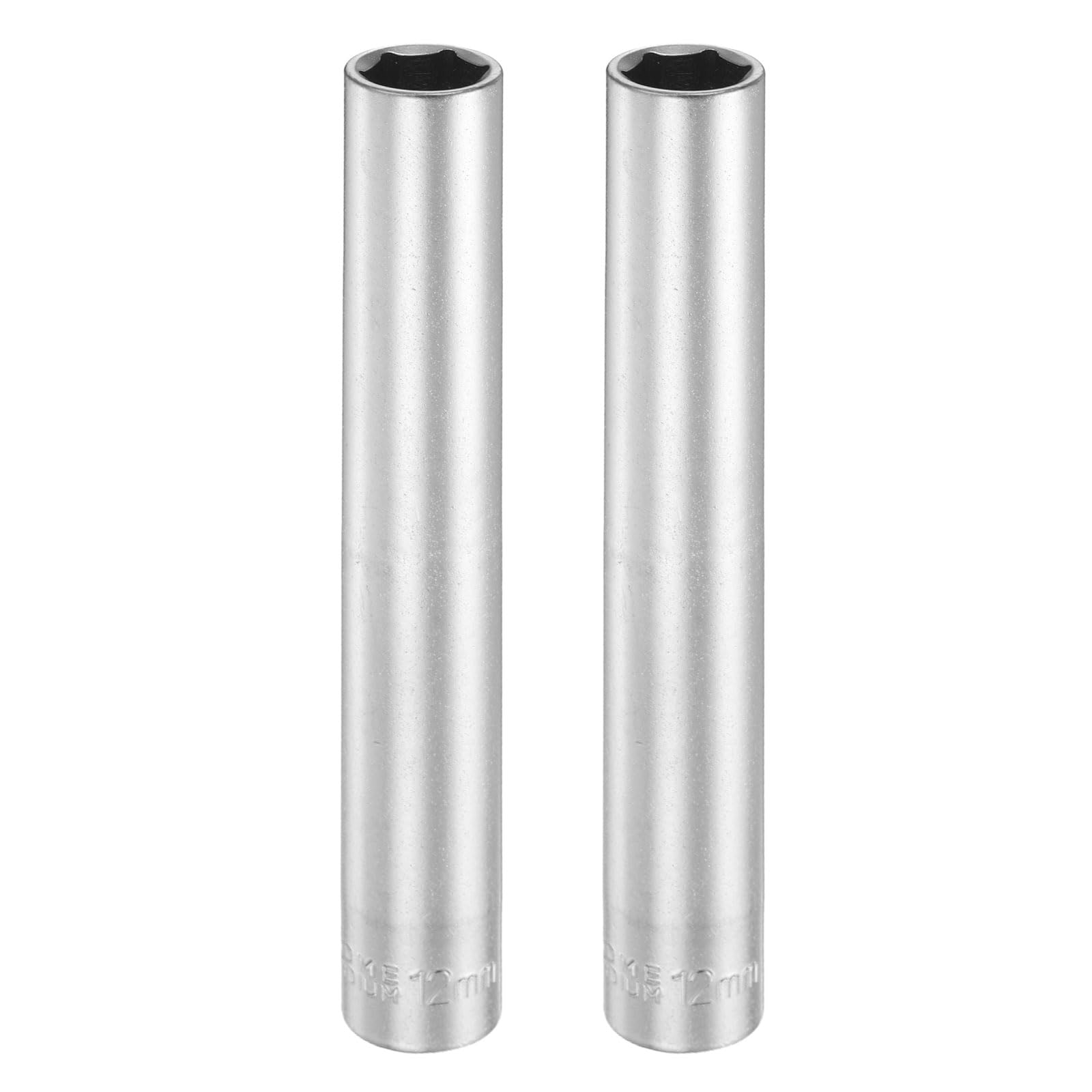 sourcing map 2pcs 6 Points Deep Socket 3/8" Drive 12mm Deep Metric CR-V Steel Polished Nickel Plating Flip Sleeve 120mm / 4.7" Extra Long Socket Tool for Home Auto Nuts Bolts Repair