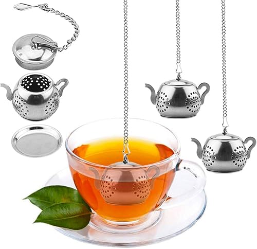 Infusor de té de hojas sueltas, 4 coladores de té de acero inoxidable con cadena y bandejas de goteo, juego de filtros de té pequeños para taza