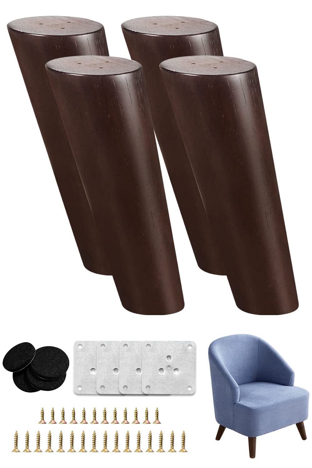 KOIKEY Sofa Chair Wood Furniture Legs 15cm Walnut Color Slant Mid Century Modern Replacement Feet for Bed Bench Cabinet Couch Dresser Coffee Table, Set of 4
