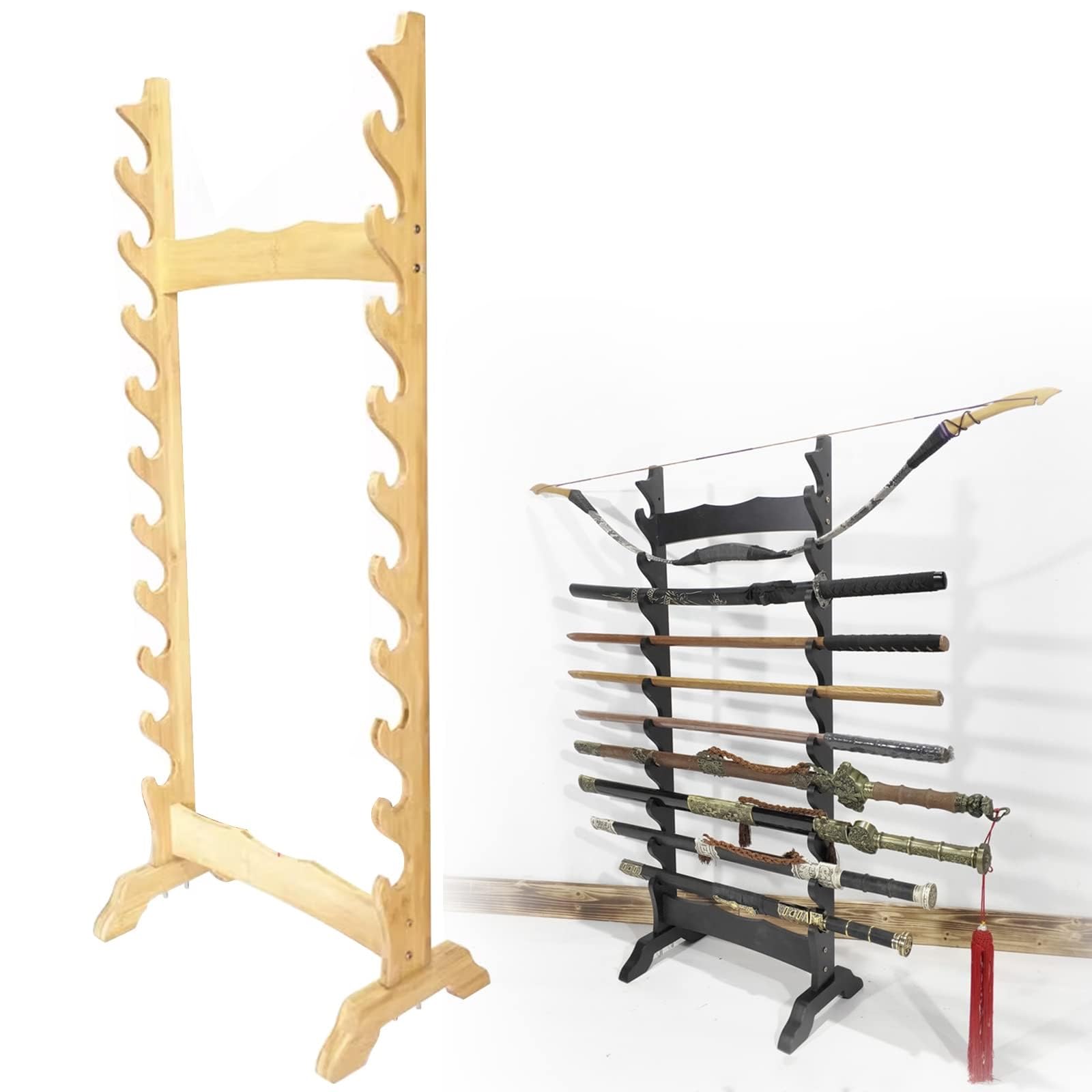 GUODDM Sword Display Katana Holder, Multilayer Floor Display Wall Hanger, 6-12 Tier Vertical, Martial Arts Wood Wand Rack For Storing Various Swords & Fishing Rod(Wood,10 floors)