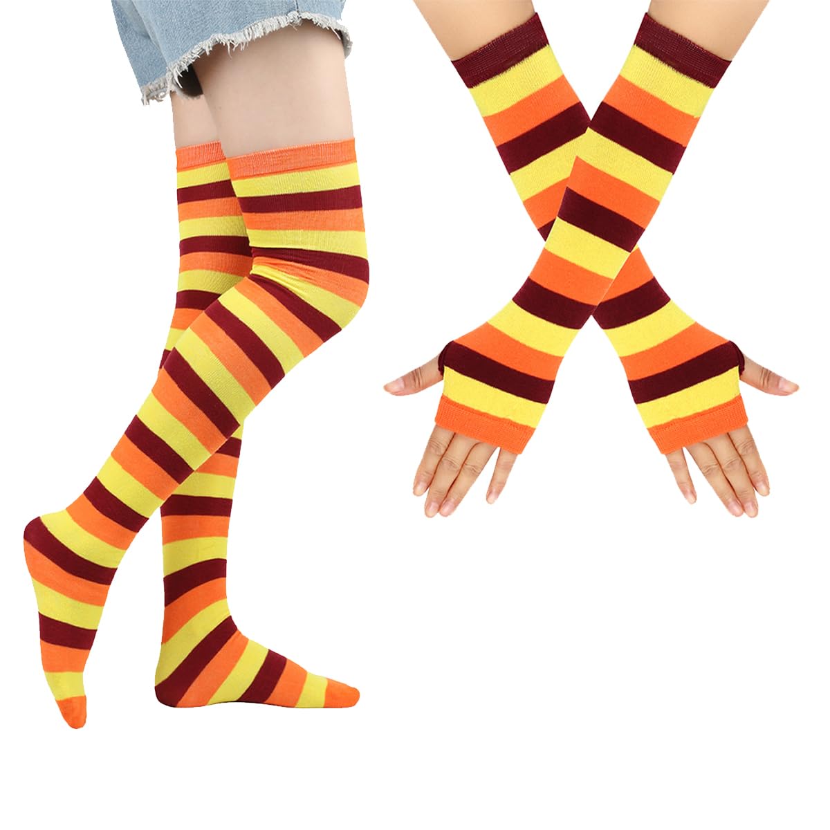 SherryDC Womens Girls Cosplay Rainbow Striped Knee High Socks Leg Arm Warmer Fingerless Gloves Set