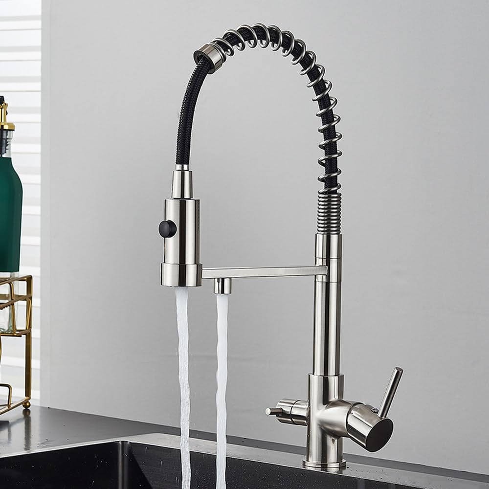 FCXWEVR Black Kitchen Faucet with Filter 360° Rotate Brass Sink Mixer Dual Mode Tap for Drinking Water Brushed Nickel Finish Stylish & Functional Kitchen Upgrade