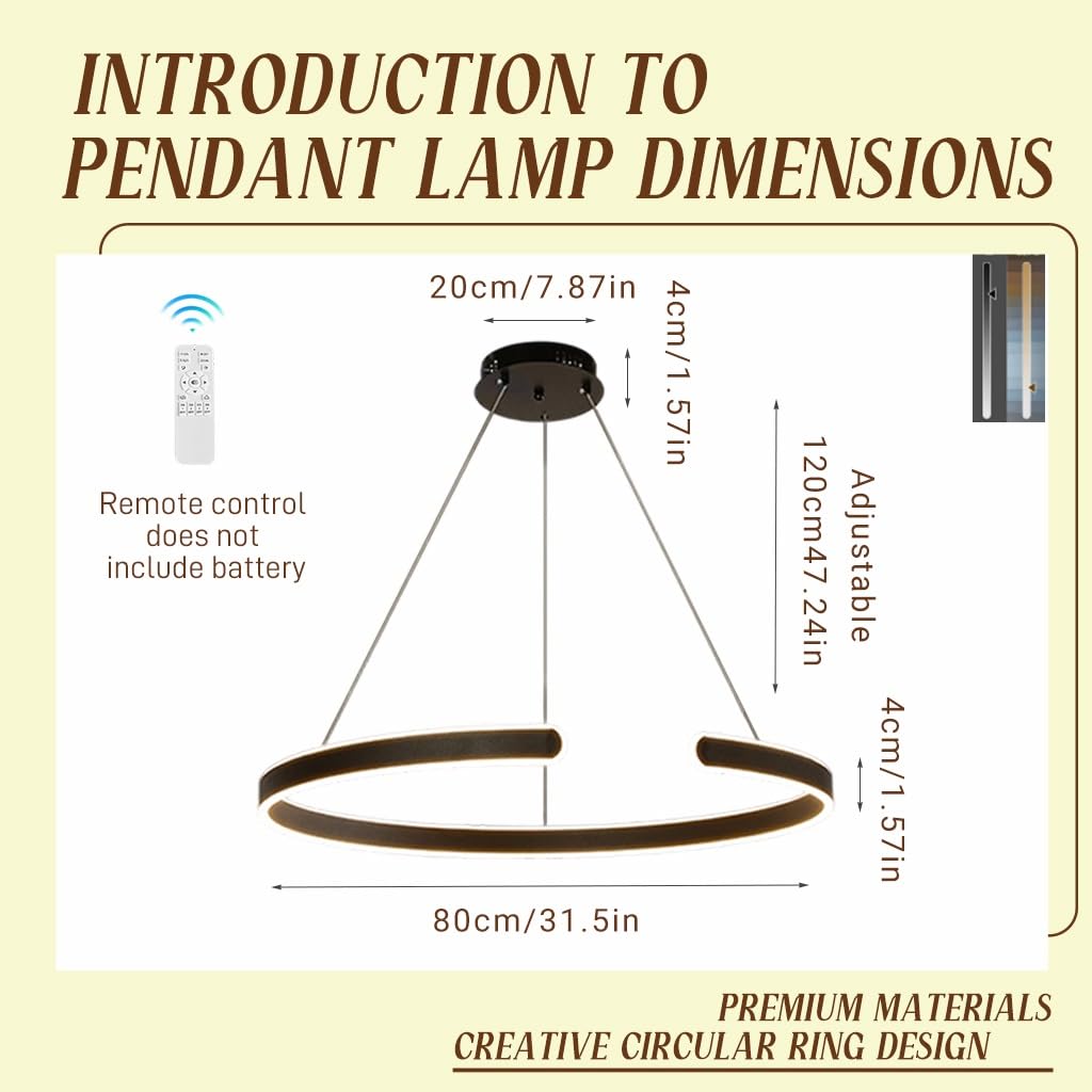 Nordic Nowoczesny Styl Lampa Wisząca Z LED Kształt Pierścienia Regulowana Temperatura Koloru I Jasność Żyrandol Salonu Z Sypialnią Światło Minimalistyczna Restauracja Lampa Wiosenna(Black,80cm)
