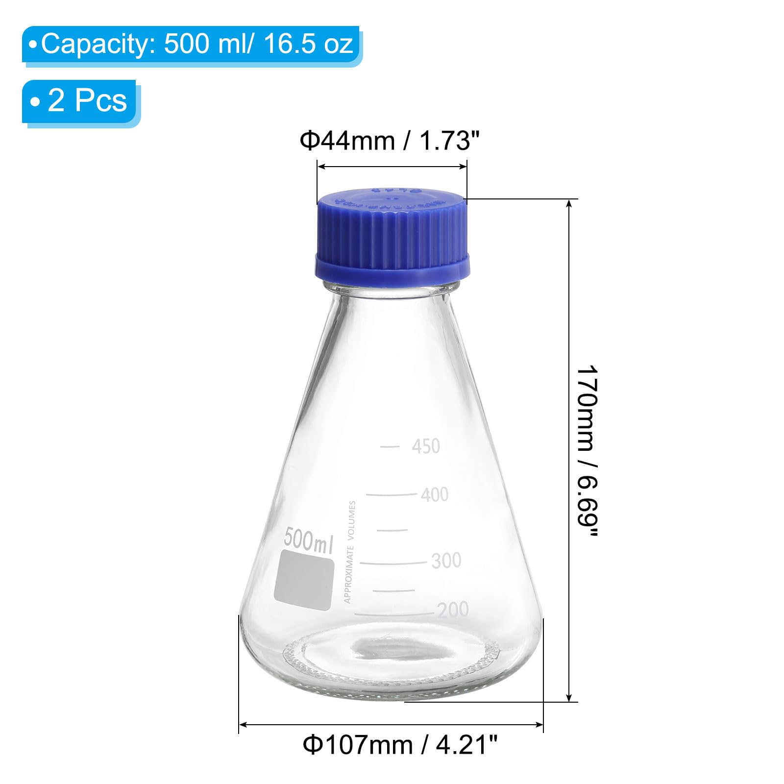 PATIKIL Ampolla Erlenmeyer, 2pz 500ml Ampolle a Bocca Stretta Graduate Tappo a Vite in Vetro Borosilicato Graduazione Stampata Laboratorio, Esperimenti, Chimica, Studio Scientifico