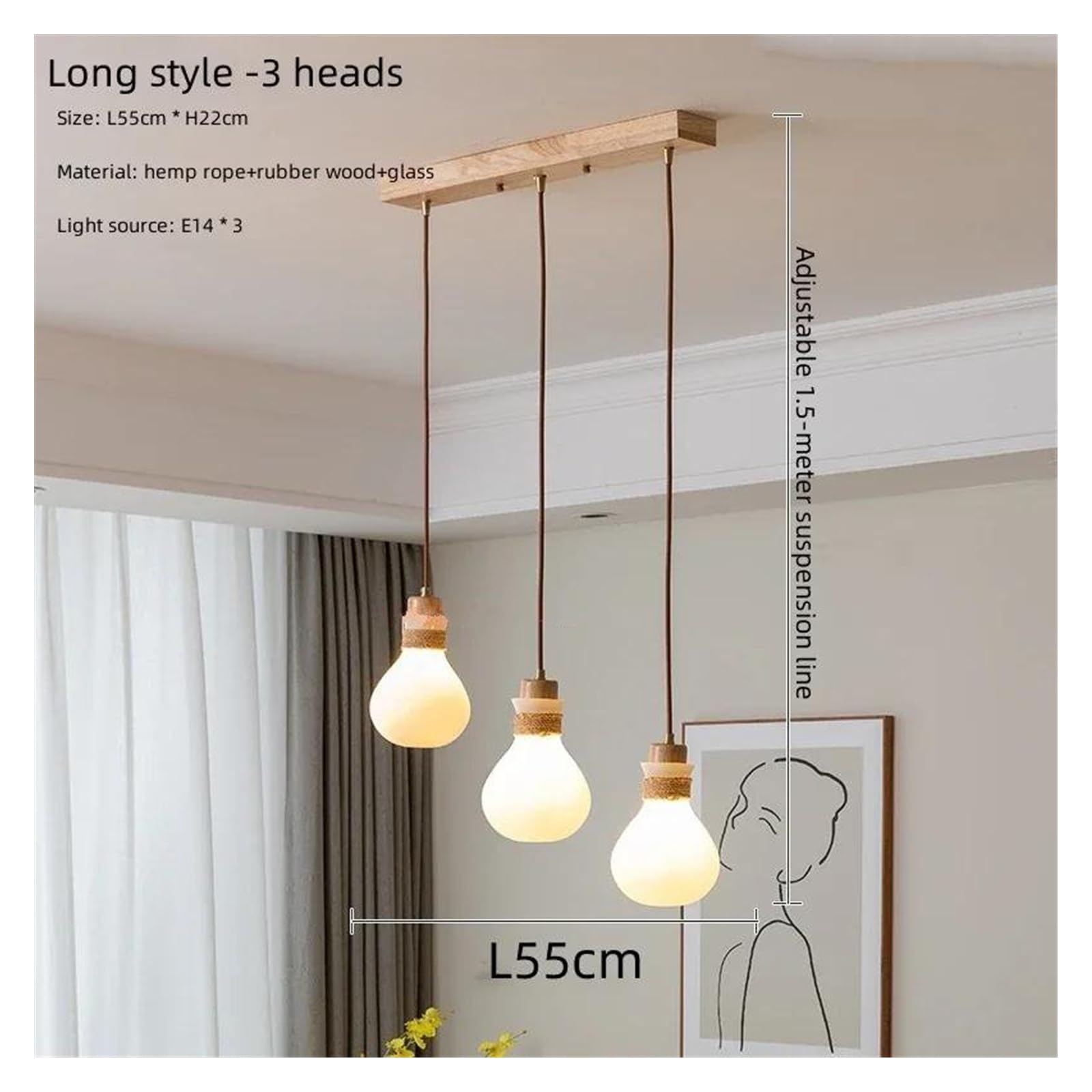 Genérico Lámpara de techo, Lámpara colgante de cuerda cáñamo for techo, for sala estar, dormitorio, comedor, cocina, decoración del hogar(Long-3 heads)