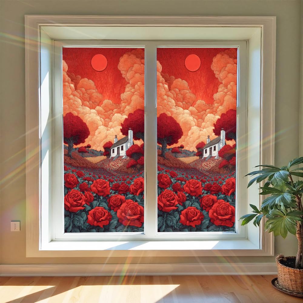 Window Film Decorative Privacy Frosted Glass Cling 17x39 Inch Red Rose Landscape UV Blocking Heat Control for Home Kitchen Bathroom Office Windows