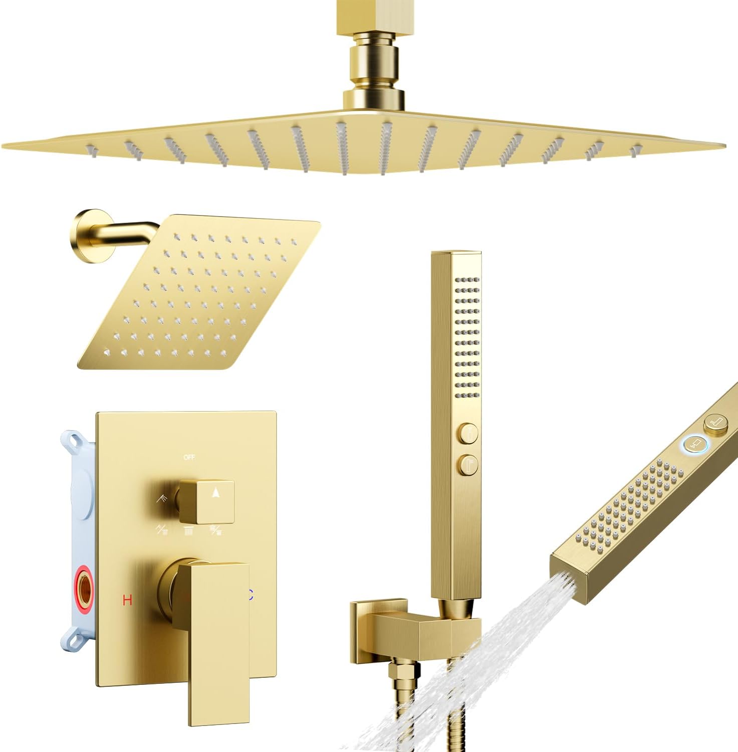 Brushed Gold Shower System Shower Faucet Set, STARBATH 6"+12" Ceiling Mount Rain Shower Head and Handheld Spray for Two Person, Shower Faucet Set with Diverter Valve and Trim Kit Complete