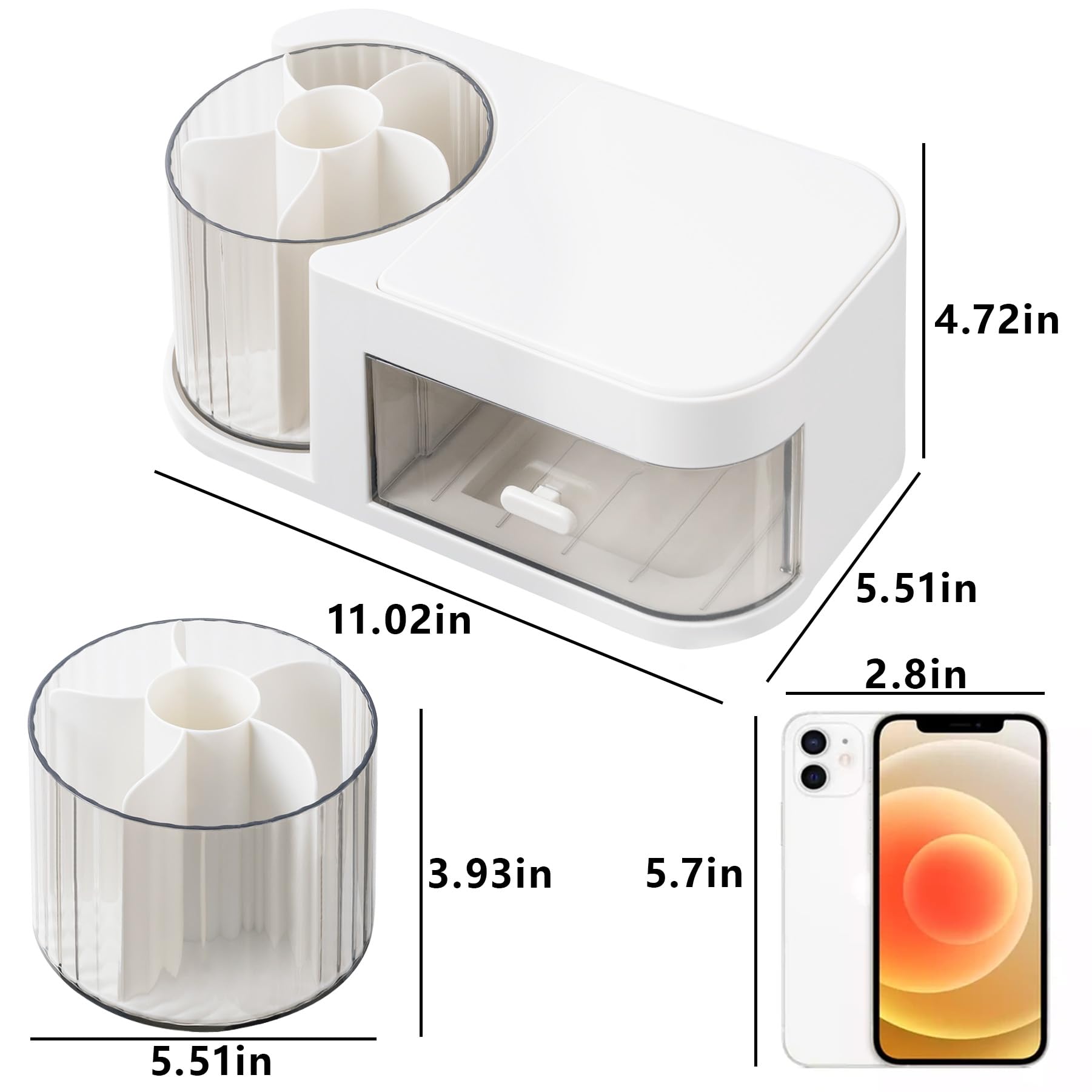 Moikiwi Makeup Organizer, 360-Degree Rotating Desk Organizers with Lid, Cosmetic Display Case with Drawer, Art Supply Storage Box Caddy for Office Desk, Vanity, Countertop, Bathroom, White