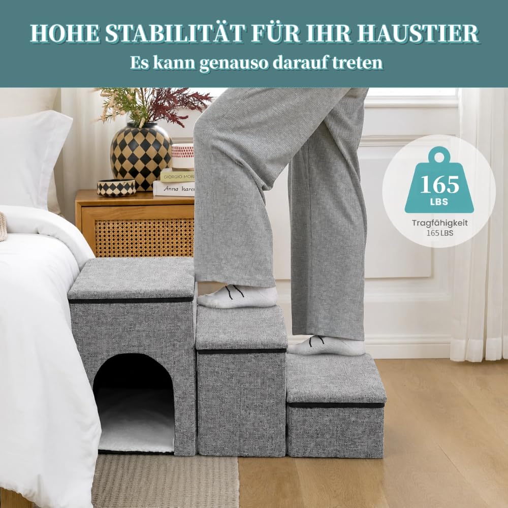 Hundetreppe für Kleine Hunde mit Stauraum und Katzenöffnung, Breite Dog Stairs Faltbare mit Rutschfestem Boden für Bett und Couch, Hundetreppe Kleine Hunde 3 Stufen (Grau)