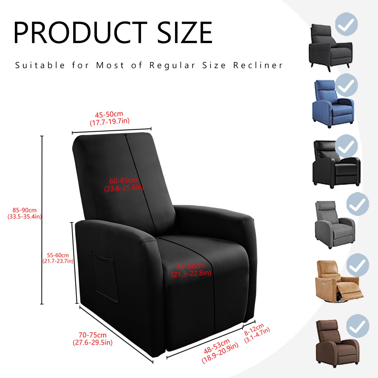 Générique Housse de Fauteuil Relax Imperméable Extensible, 4 pièces Couleur Unie Housse de Canapé Antidérapante avec Poche Latérale, Protege de Meubles Lavable pour Fauteuil Inclinable-Black