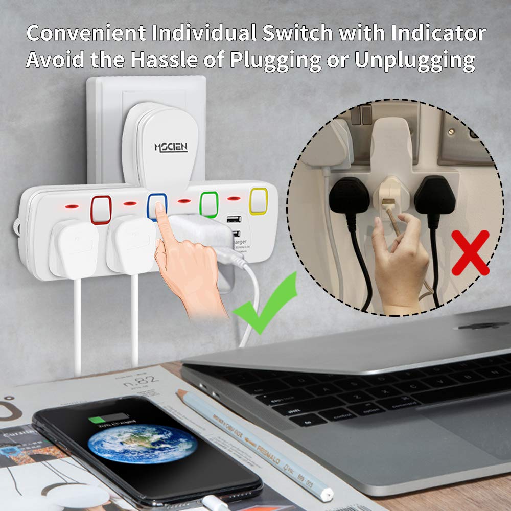 Buy Mscien 3 Way Plug Extension with 2 USB Multiplug Wall Socket