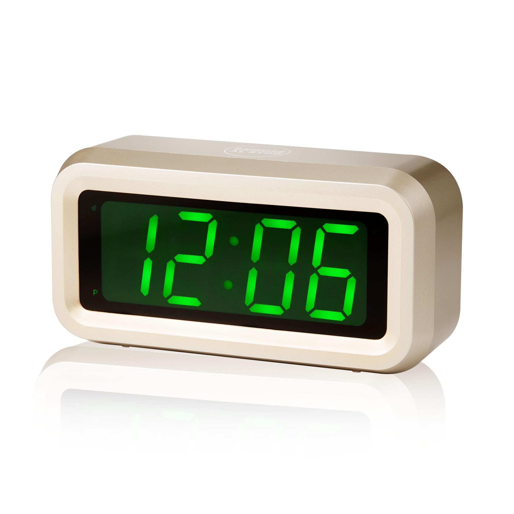 Digital Alarm Clock Battery Operated with LED Display for Bedrooms, Long Battery Life for 12 Months, 3 Brightness Adjustable, 12/24 Hour, Snooze, Golden Case with Green Digits