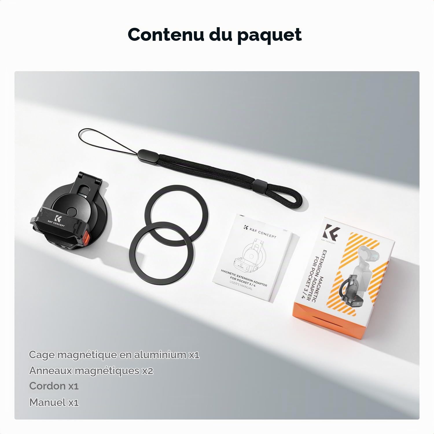 K&F CONCEPT Cadre d’Extension Magnétique Compatible DJI Osmo Pocket 4/4P/3 | En Aluminium, Réglable 3 Axes, Compatible Mag-Safe, Ports Complets, Stand Bureau, Anti-Rayure - PP62