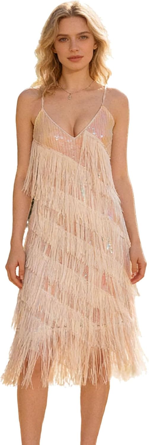 Women's Glittery Sequined Fringed Salsa Samba Latin Dance Dress Adjustable Straps Mini Dress Clubwear
