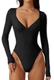 Women's Long Sleeve Bodysuit V Neck Body Suits Seamed Cup Going Out Tops Shirt