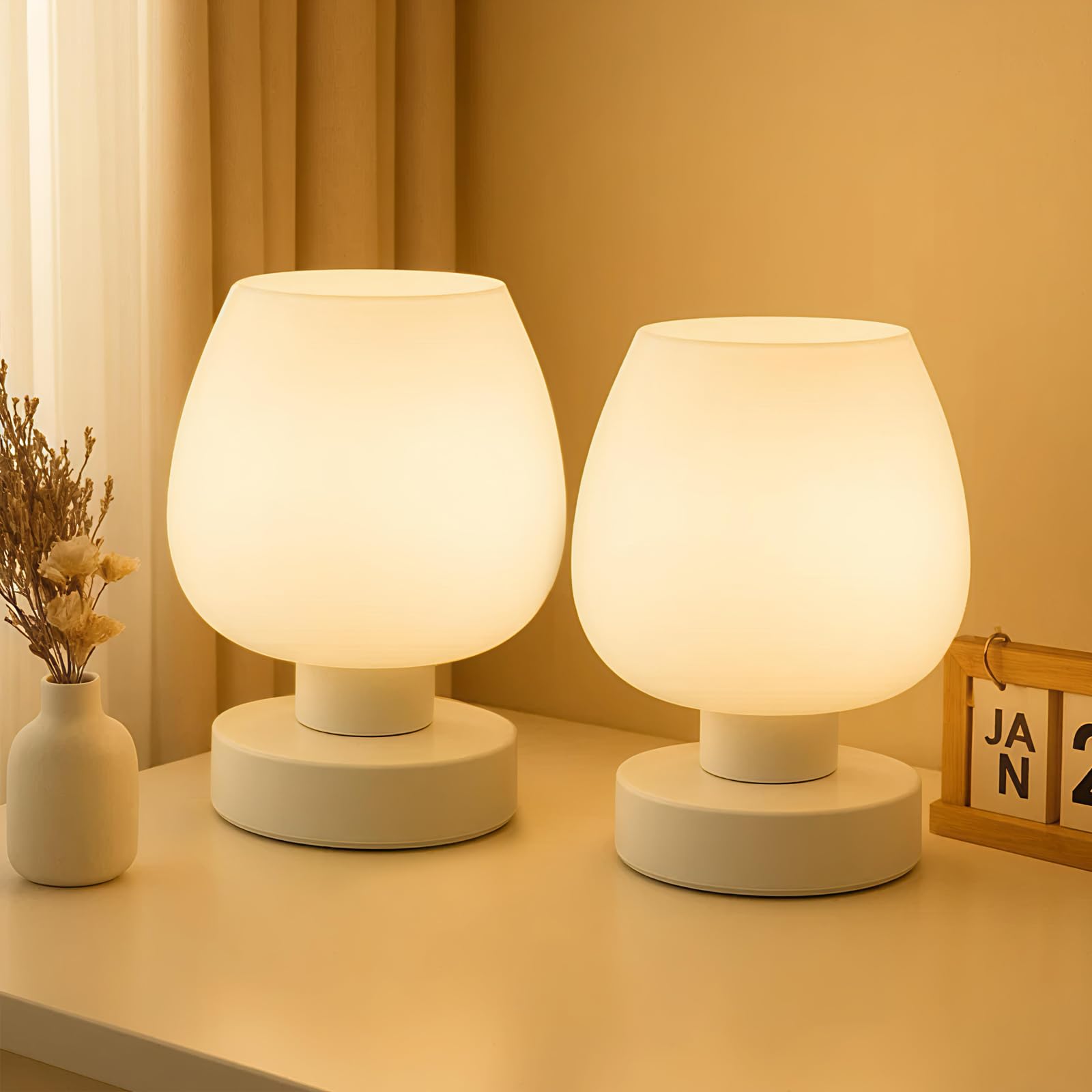 Y.H BLISSHAVEN Modern Touch Table Lamp – White Globe Opal Glass Lamp Shade, 3-Level Dimmable Warm LED Bulb, Compact Desk or Bedside Lamp, Metal Base, Indoor Home Decor (Pack of 2)